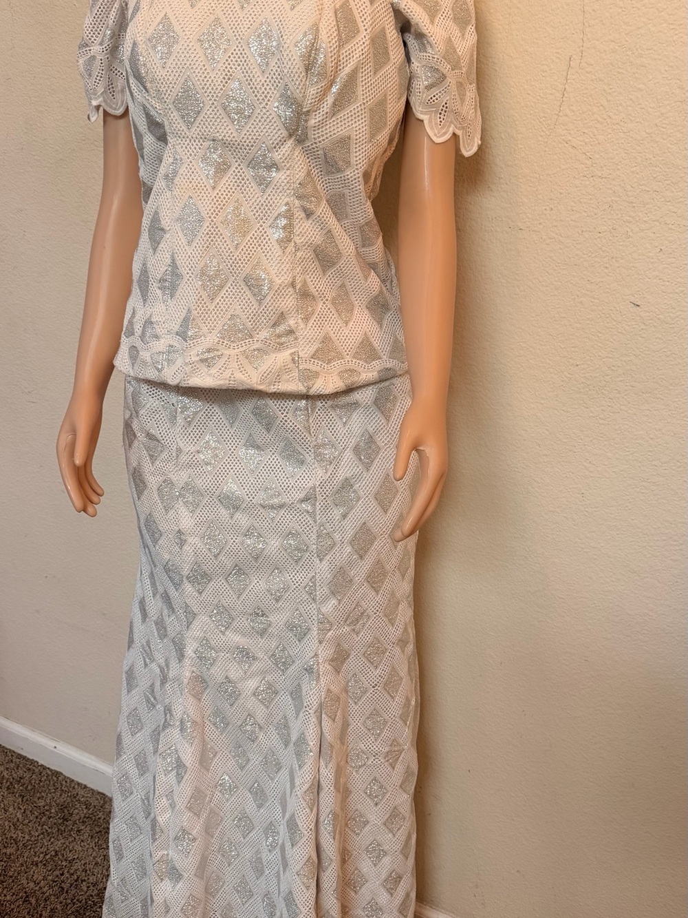 White Lace Maxi Skirt with Silver Diamond Accents
